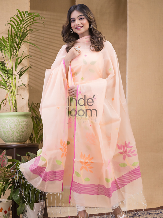 Peach Blush | Handloom Jamdani Muslin Unstitched 2-Piece Kurti | Classic Design