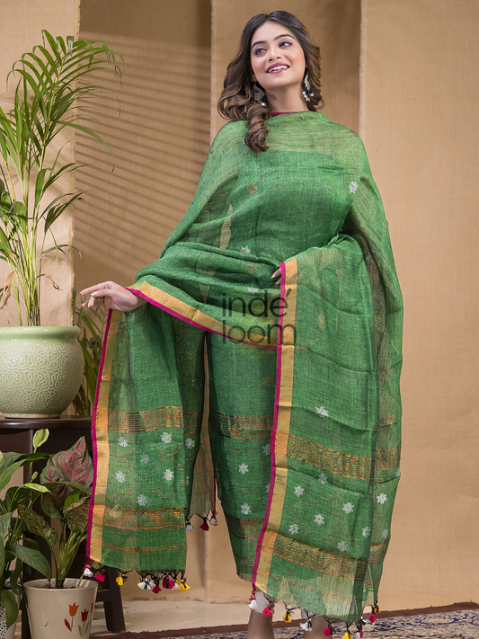 Verdant Jade | Handloom Jamdani Muslin Unstitched 2-Piece Kurti