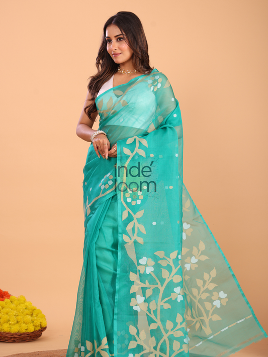 Silk Jamdani Saree With Burgundy Aqua Blue - 156