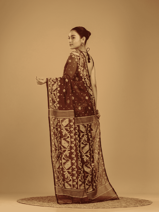 Dark Brown Soft Silk Jamdani Saree - 003 - indeloom