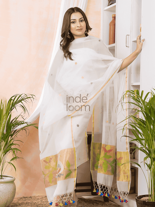 Cream White Paithani Jamdani 2-Piece Set Kurti & Dupatta (UNSTITCHED) -402 - indeloom