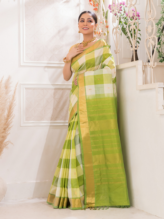 Pure Handloom Korvai Saree | Zari Checks | White and Green