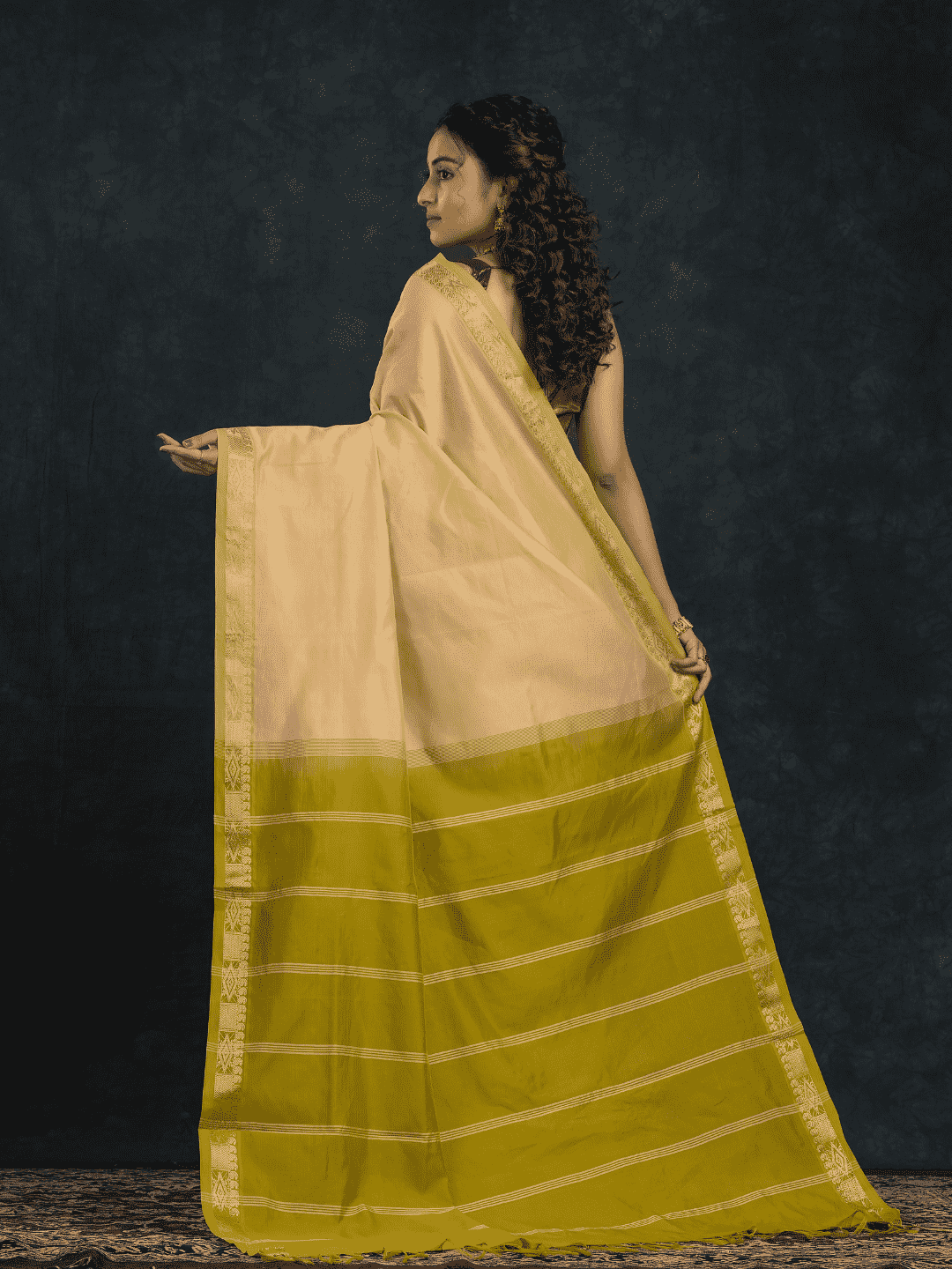 Pure Handloom Korvai Silk Cotton Saree in Golden Olive Elegance and rich cream - 146