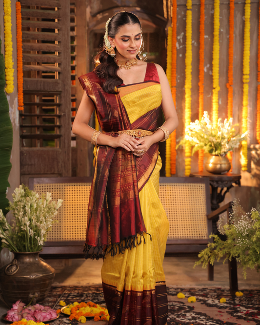 Pure Handloom Korvai Saree | Mango Yellow and Wine Red