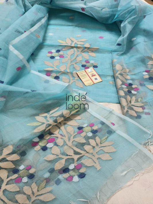 Pale Aqua | Handloom Jamdani Muslin Unstitched 2-Piece Kurti