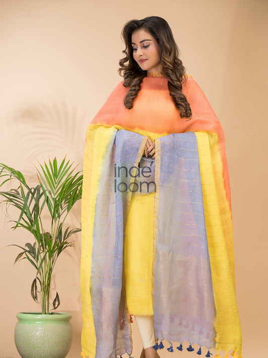 Marigold Yellow | Handloom Jamdani Linen Unstitched 2-Piece Kurti | Ombre Design