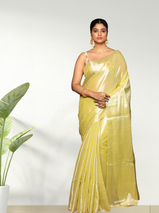 Tissue Silk Saree With Pale Greenish Yellow - 017