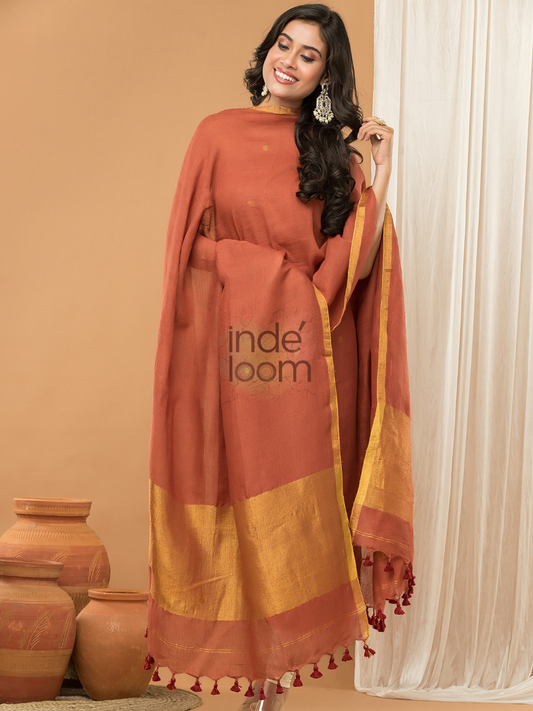 Handwoven Jamdani Linen Unstitched 2-piece Kurti | Caramel Brown