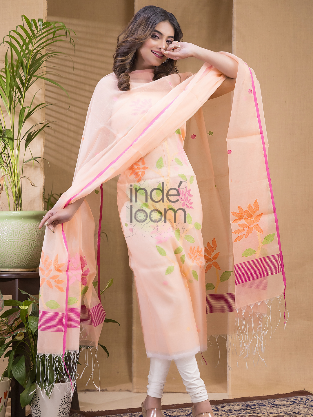 Papaya Orange Jamdani 2-Piece Set Kurti & Dupatta (UNSTITCHED) -673