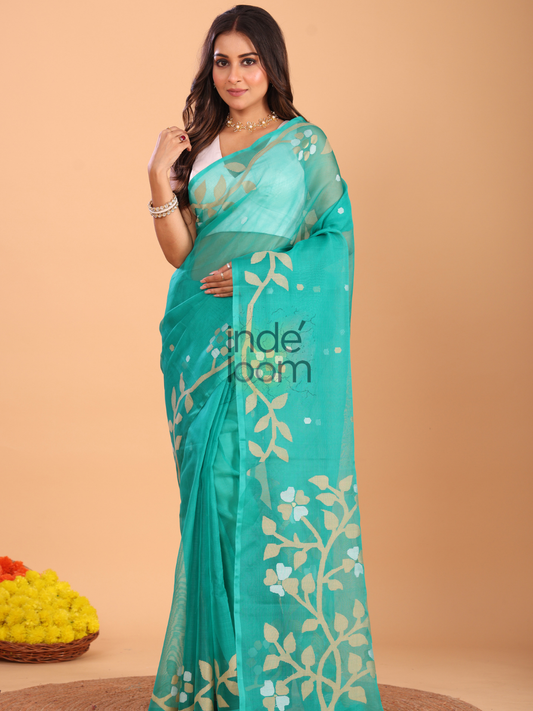Silk Jamdani Saree With Burgundy Aqua Blue - 156