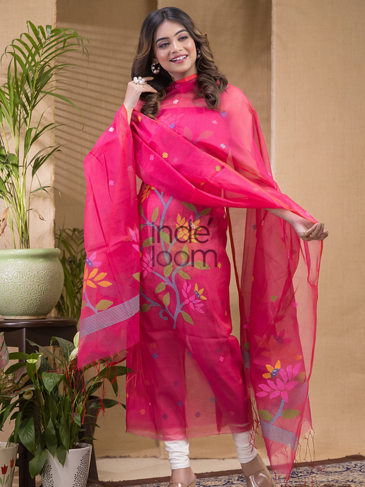 Cerise Pink | Handloom Jamdani Muslin Unstitched 2-Piece Kurti | Classic Design