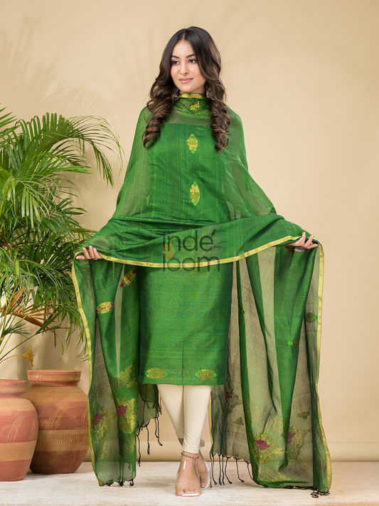 Emerald Green | Handloom Jamdani Cotton Unstitched 2-Piece Kurti | Benaras Design