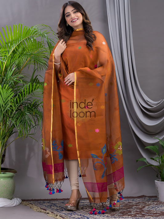 Burnt Sienna | Handloom Jamdani Muslin Unstitched 2-Piece Kurti | Classic Design