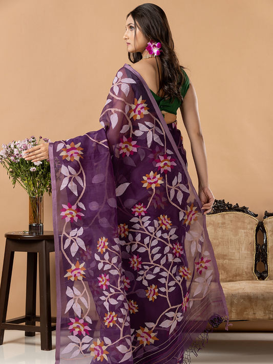 Handwoven Jamdani Muslin Silk Saree | Deep Purple