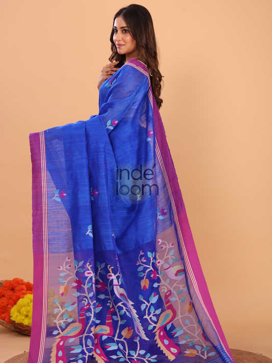 Silk Jamdani Saree With Burgundy Indigo Blue - 157