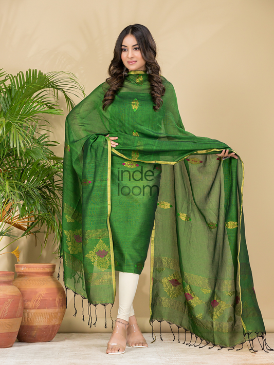 Emerald Green | Handloom Jamdani Cotton Unstitched 2-Piece Kurti | Benaras Design