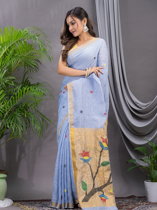 Linen Jamdani Saree With Ocean Blue - 028