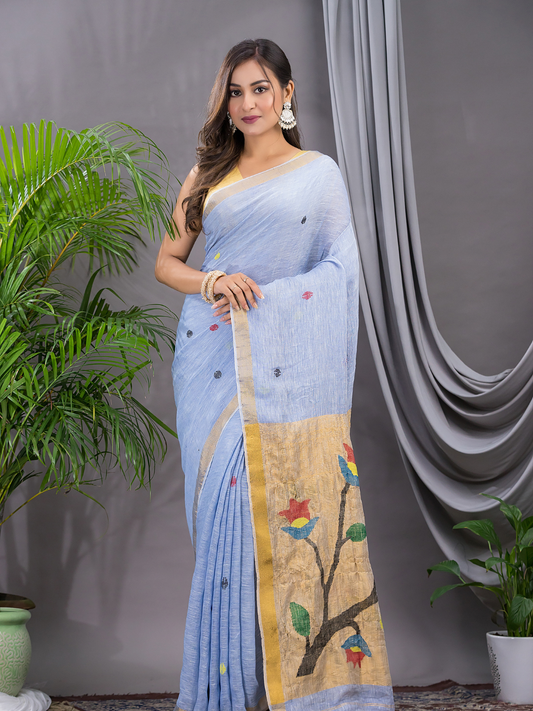 Linen Jamdani Saree With Ocean Blue - 028