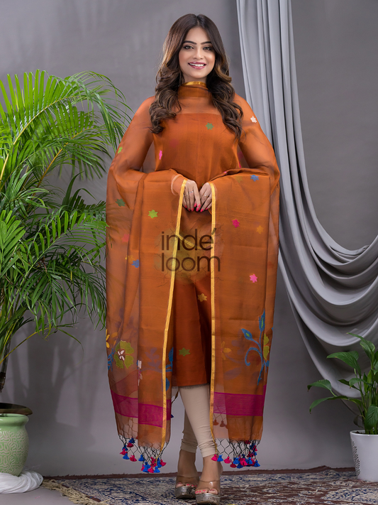 Burnt Sienna | Handloom Jamdani Muslin Unstitched 2-Piece Kurti | Classic Design