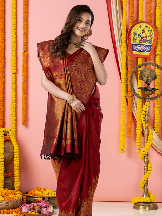 Handloom Kanjivaram Silk Saree | Deep Maroon