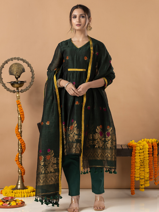 Handwoven Jamdani Linen Unstitched 2-Piece Kurti | Deep Forest Green