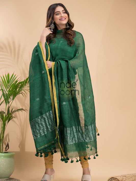 Handwoven Jamdani Silk Cotton Unstitched 2-piece Kurti | Bottle Green