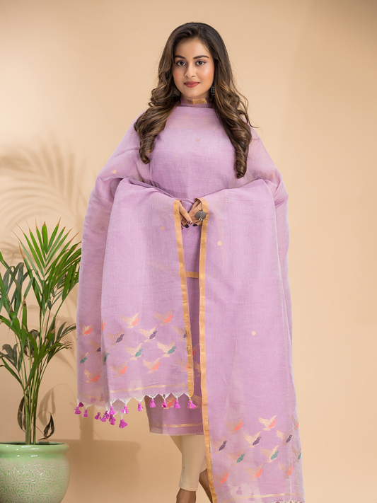 Handwoven Jamdani Cotton Linen Unstitched 2-piece Kurti | Lilac Purple