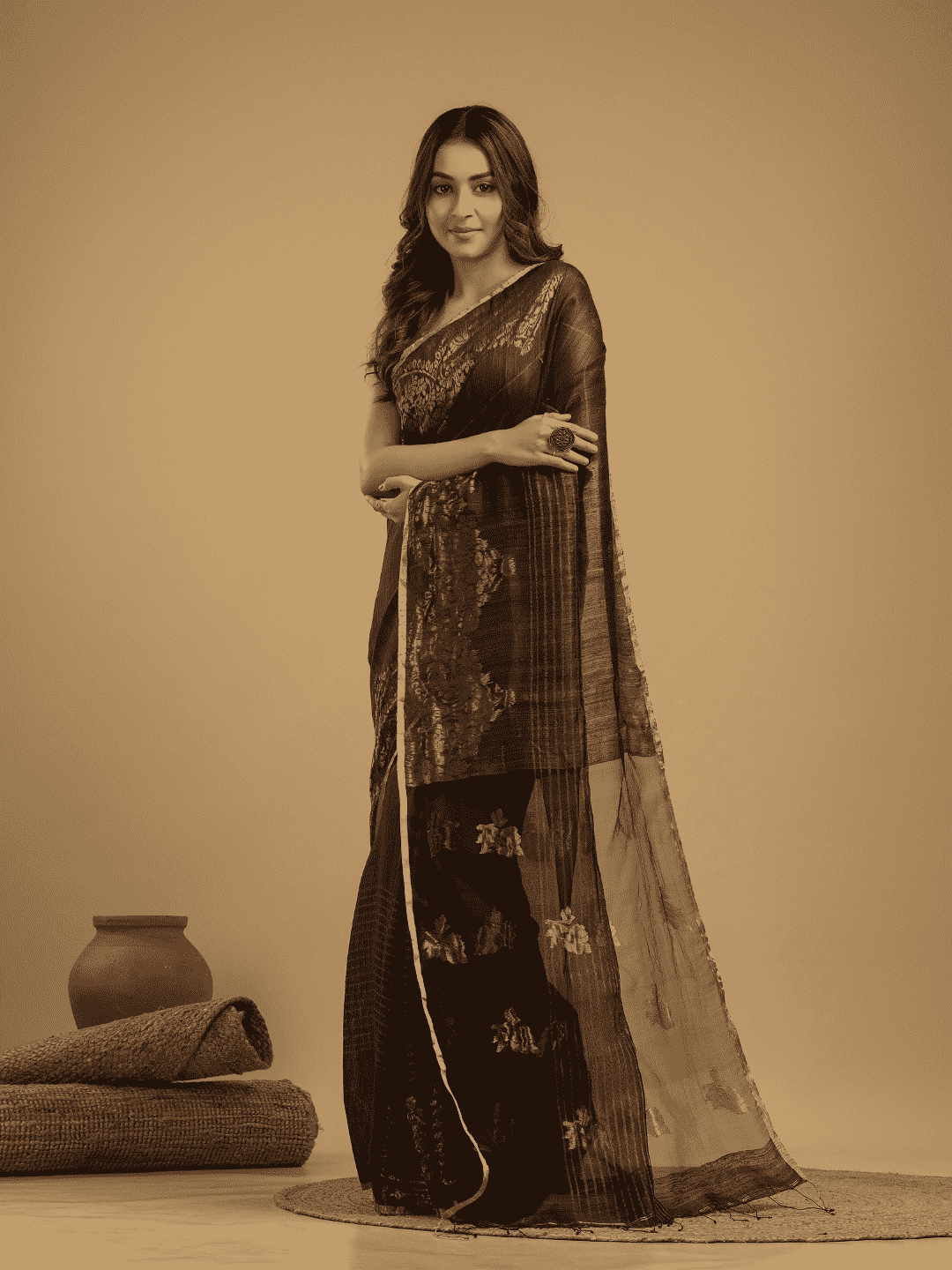 Matka Silk Jamdani Saree With Dark Brown and Black - 029 - indeloom