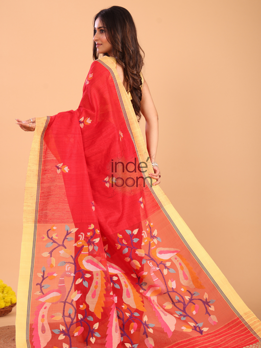 Silk Jamdani Saree With Burgundy Imperial Red - 158