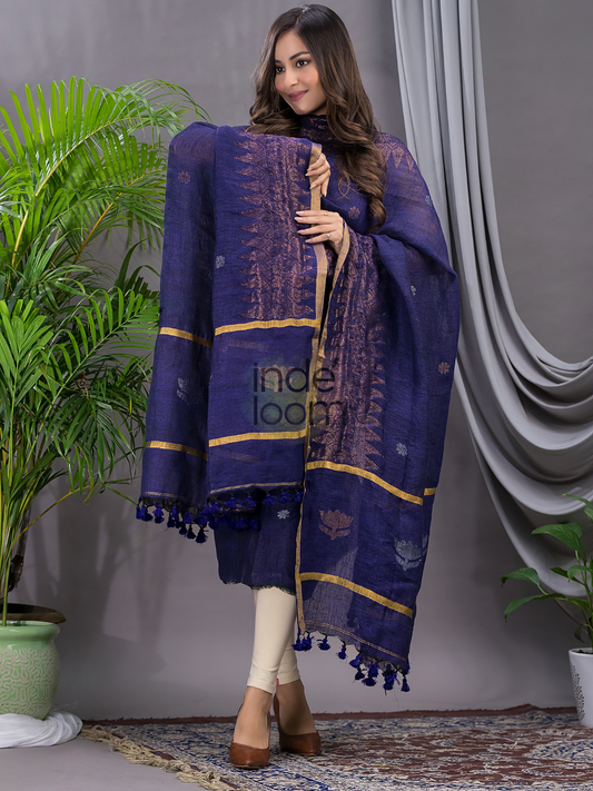 Midnight Blue | Handloom Jamdani Linen Unstitched 2-Piece Kurti | Meenakari Design