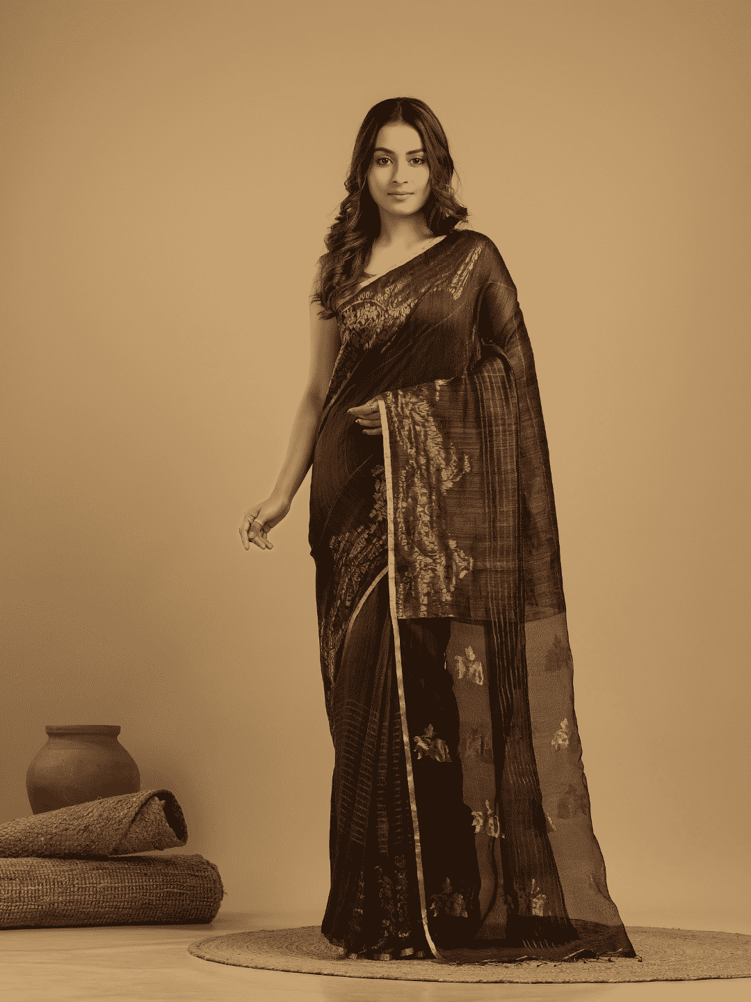 Matka Silk Jamdani Saree With Dark Brown and Black - 029 - indeloom
