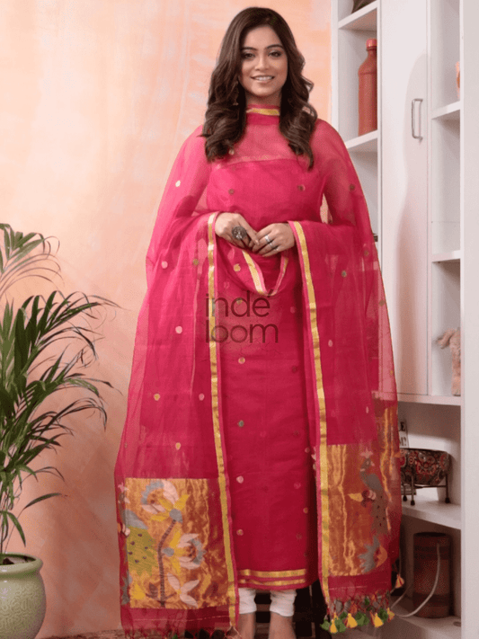 Imperial Red Paithani Jamdani 2-Piece Set Kurti & Dupatta (UNSTITCHED) -391 - indeloom
