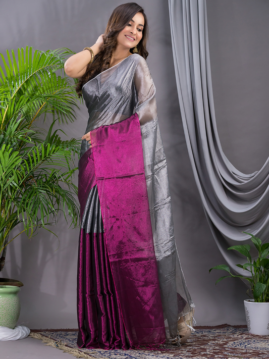 Tissue Silk Saree With Steel Grey - 010