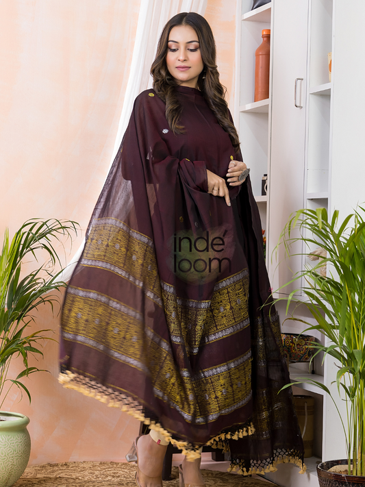 Raisin Brown | Handloom Jamdani Linen Unstitched 2-Piece Kurti | Baluchari Design