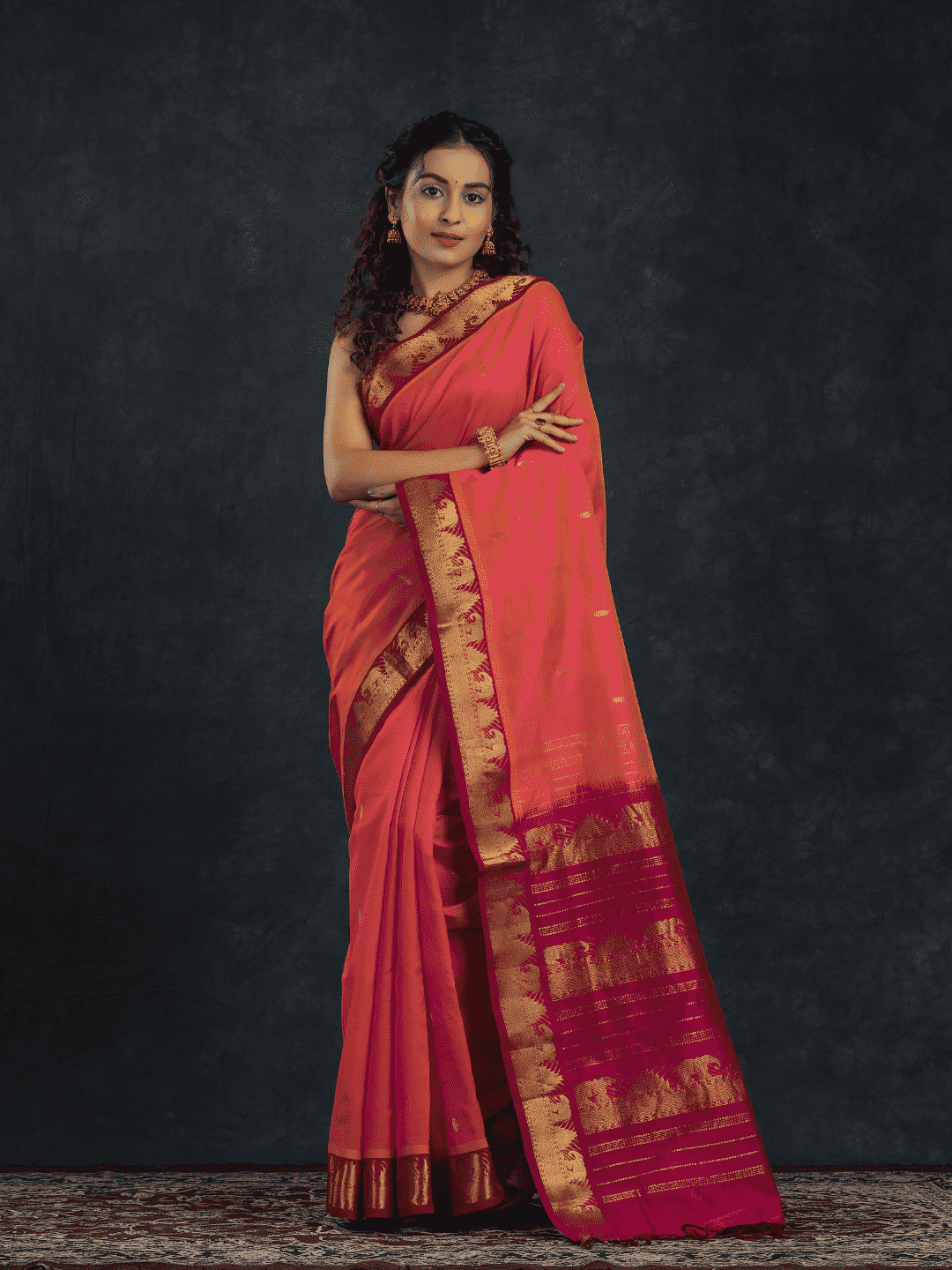 Pure handloom Korvai Silk Cotton Saree in Coral Pink Golden Pallu - 022