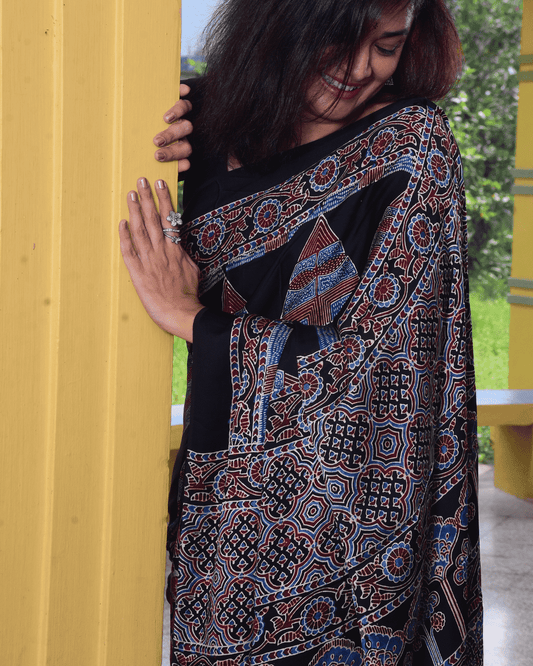 Ajrakh Exclusive Designer Modal Silk in Black, Blue and Maroon with Intricate Pattern - 032 - indeloom