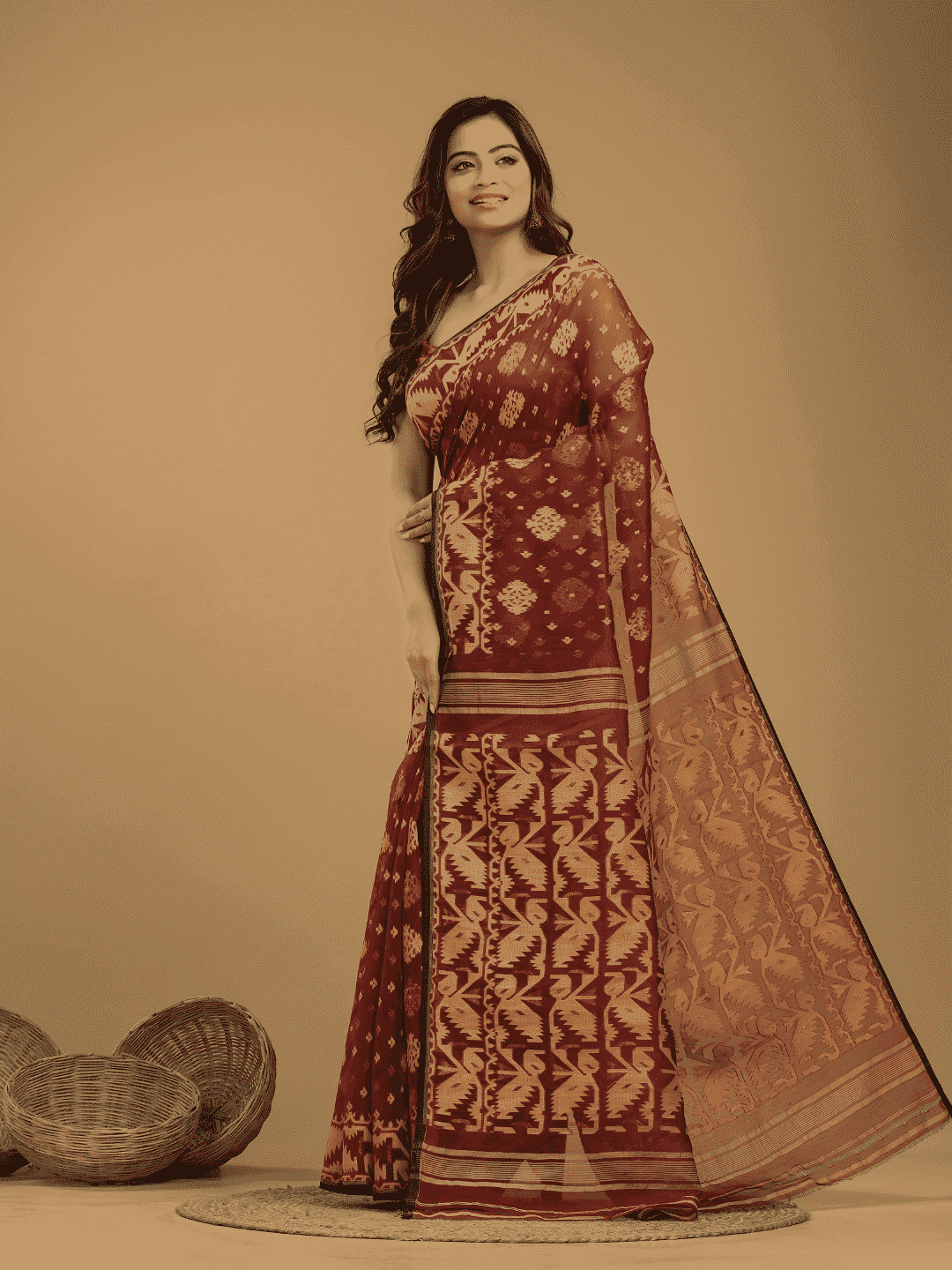 Umber Brown Cotton Silk Jamdani Saree - 022