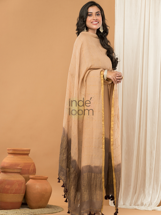 Honey Beige | Handloom Jamdani Linen Unstitched 2-Piece Kurti | Ombre Design