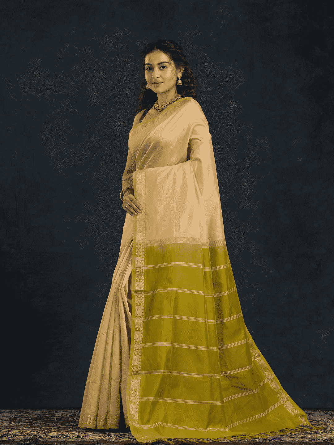 Pure Handloom Korvai Silk Cotton Saree in Golden Olive Elegance and rich cream - 146