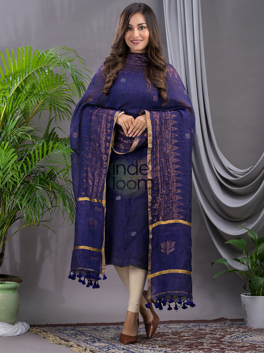 Midnight Blue | Handloom Jamdani Linen Unstitched 2-Piece Kurti | Meenakari Design