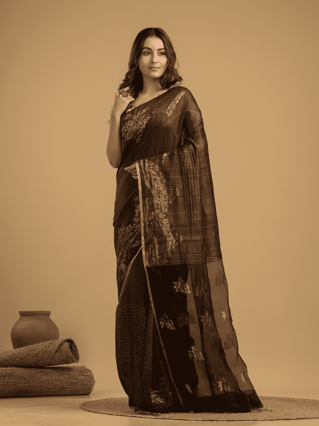 Matka Silk Jamdani Saree With Dark Brown and Black - 029 - indeloom