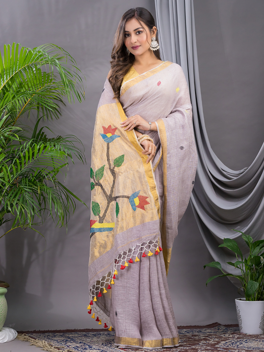 Linen Jamdani Saree With Pale Purple - 030