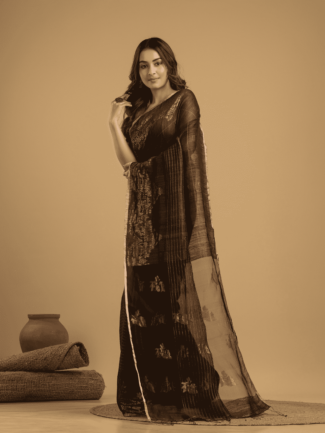 Matka Silk Jamdani Saree With Dark Brown and Black - 029 - indeloom