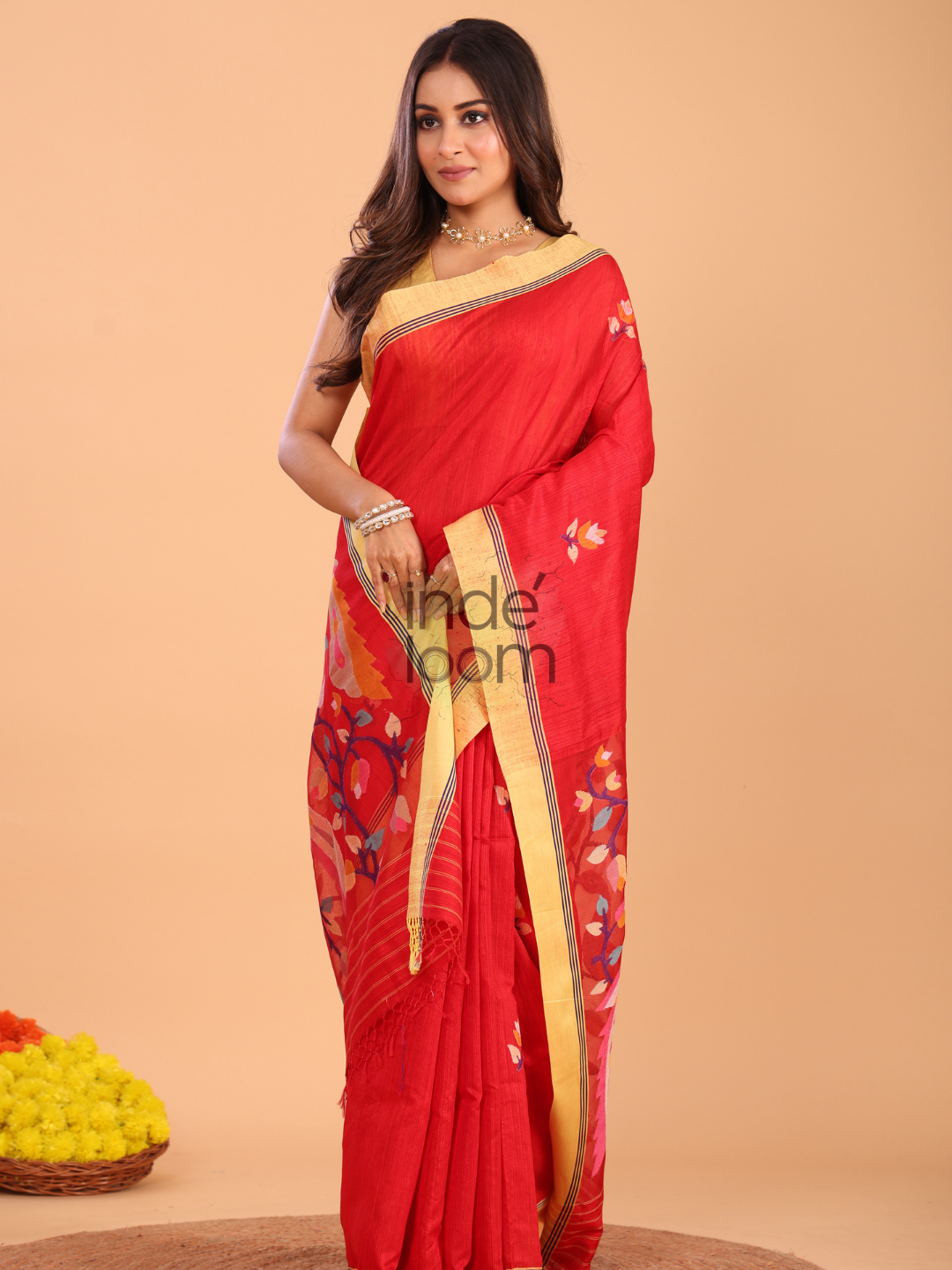 Silk Jamdani Saree With Burgundy Imperial Red - 158