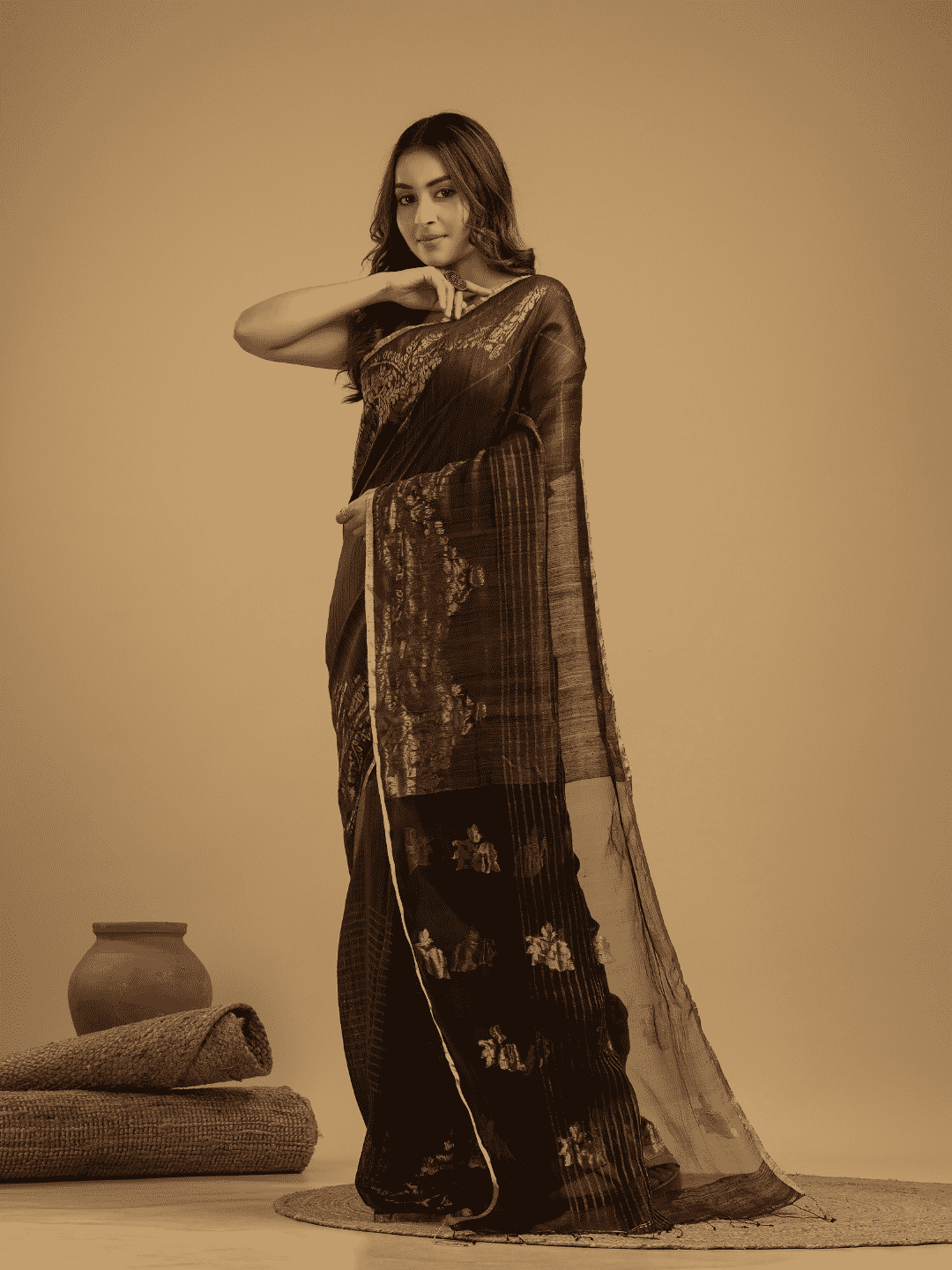 Matka Silk Jamdani Saree With Dark Brown and Black - 029 - indeloom