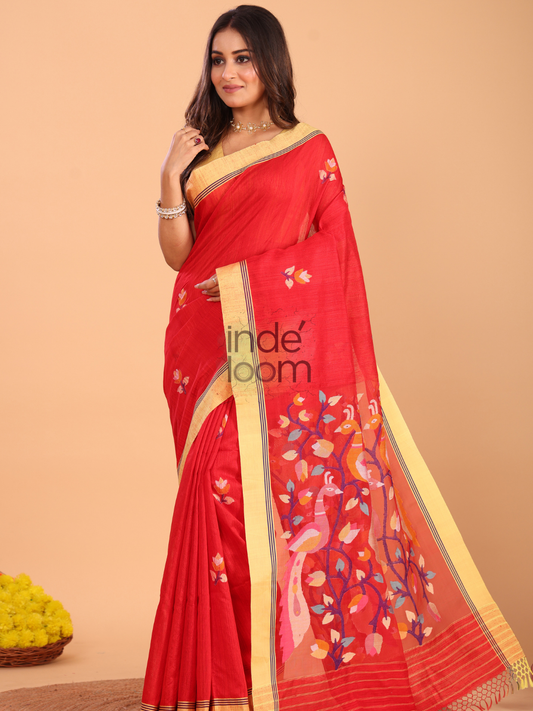 Silk Jamdani Saree With Burgundy Imperial Red - 158