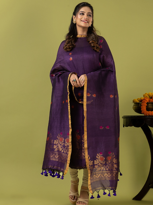 Handwoven Jamdani Linen Unstitched 2-piece Kurti | Aubergine Purple