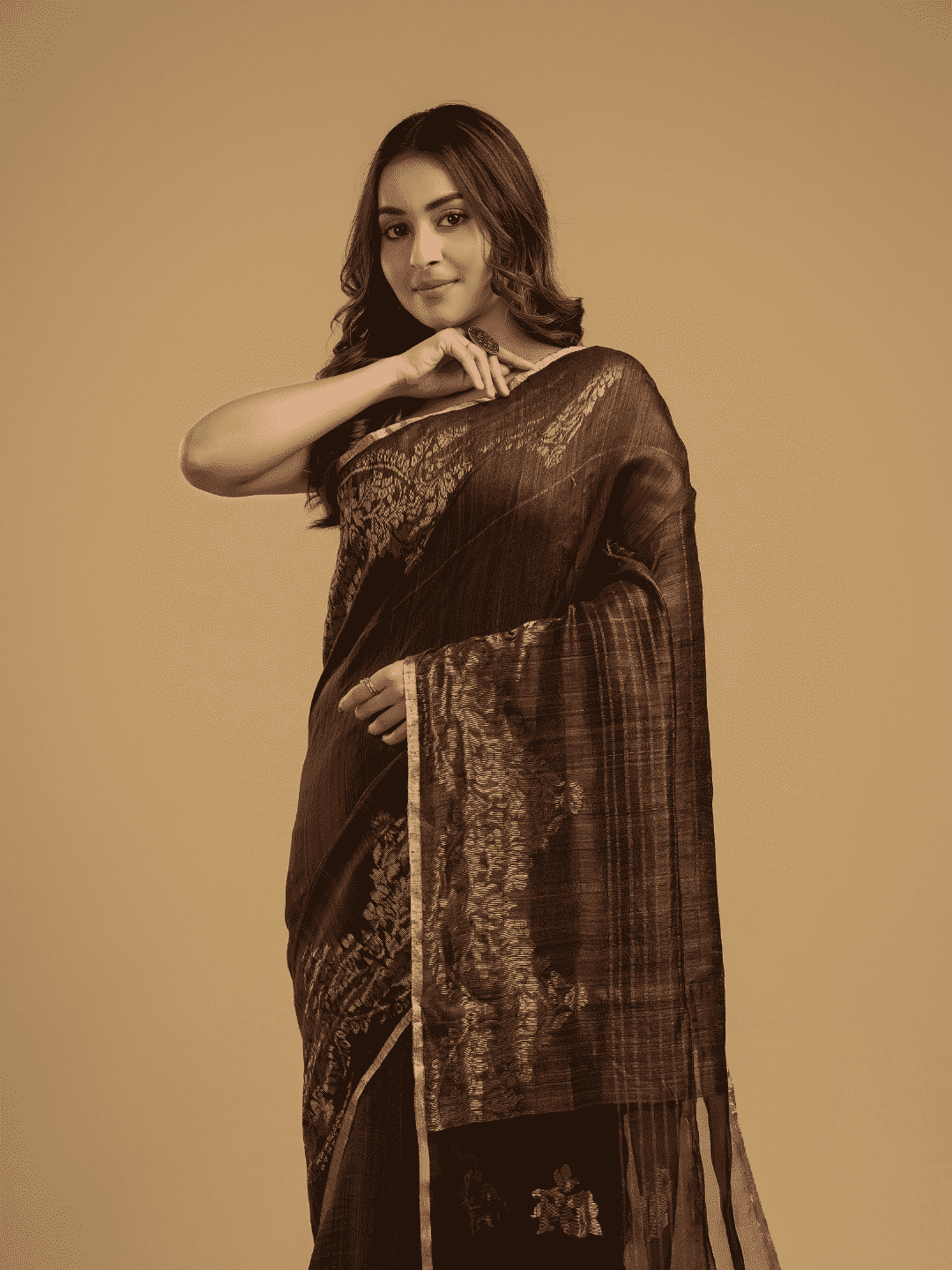 Matka Silk Jamdani Saree With Dark Brown and Black - 029 - indeloom