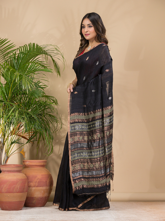Matka Silk Jamdani Saree With Rich Black - 018