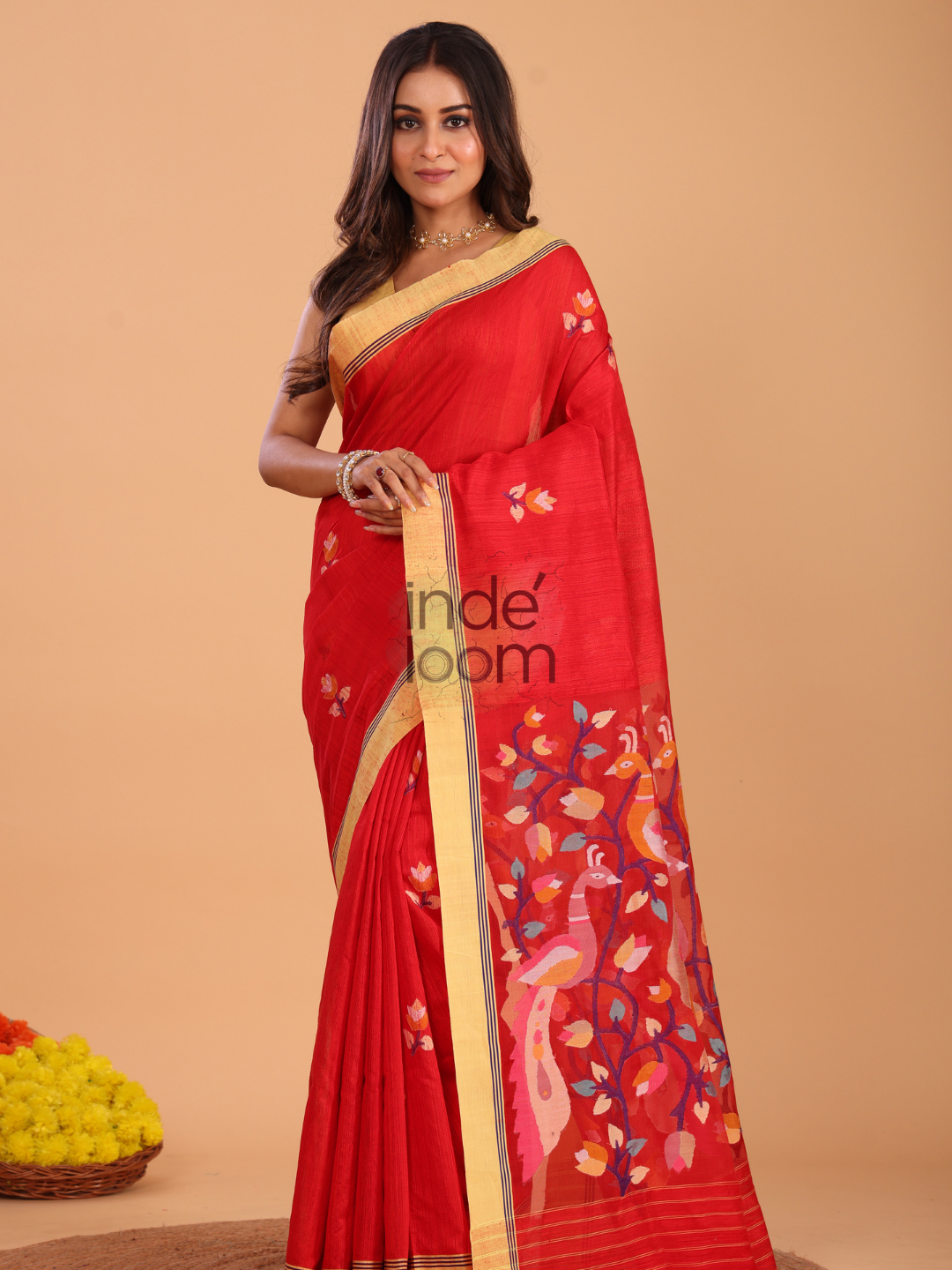 Silk Jamdani Saree With Burgundy Imperial Red - 158